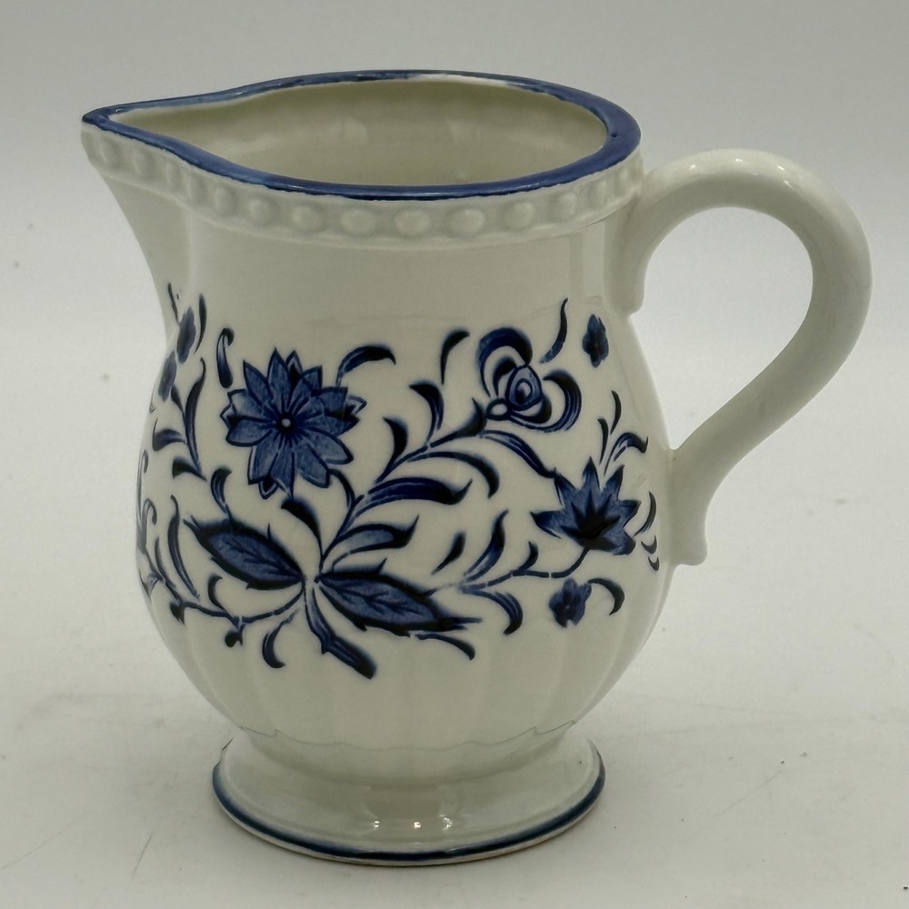 Vintage Inarco Japan Blue and White Floral Ceramic Creamer Pitcher Beaded Rim